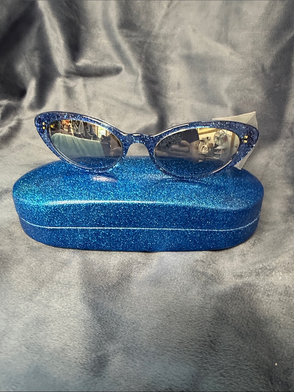 Miu Miu Sparkle Blue Cat-Eye Sunglasses with Matching Blue Case
